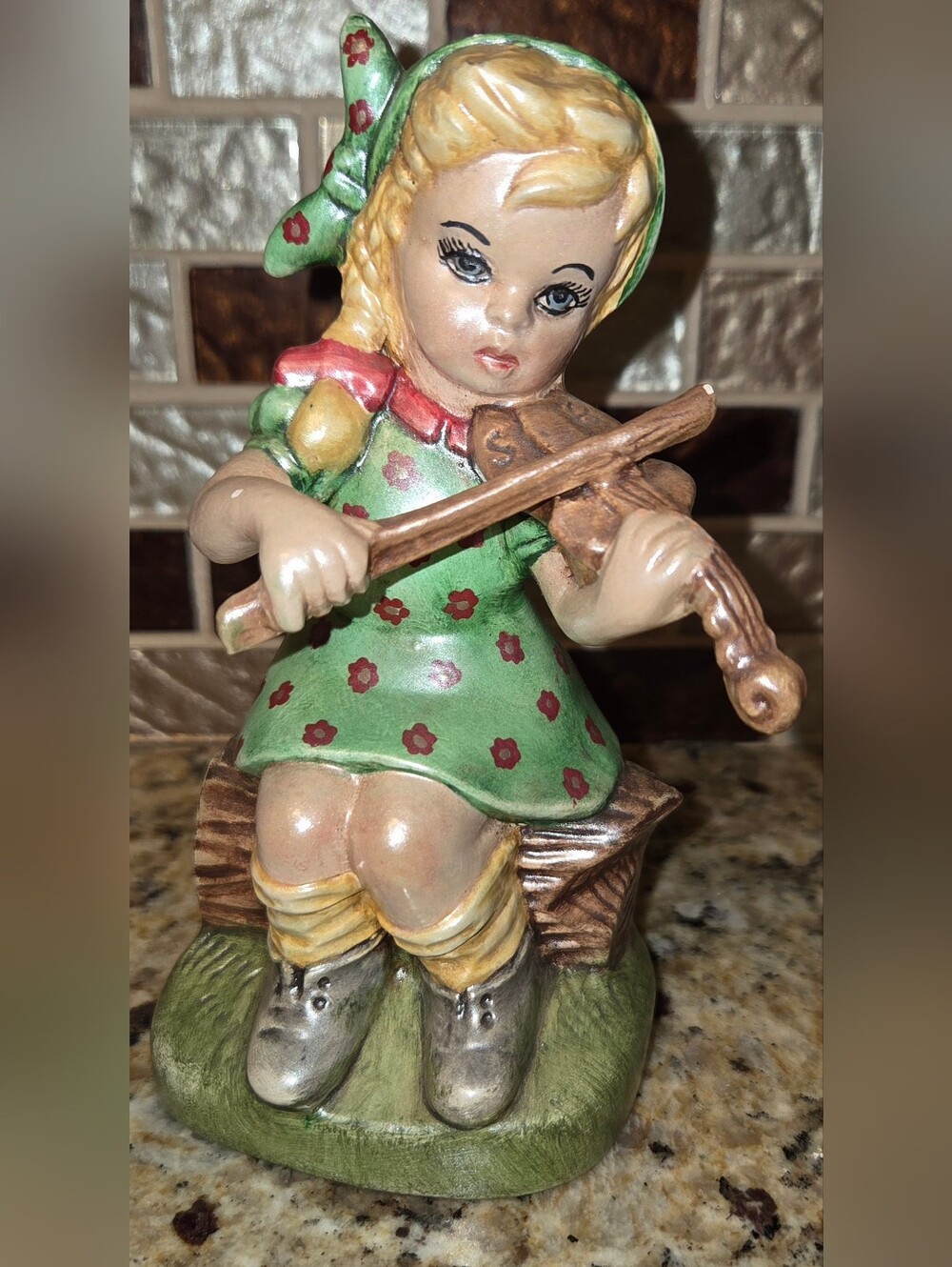 VTG EUC Hummel Blonde Girl Blue Eyes with Violin Folk Figurine in Green Dress